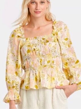 Who What Wear Yellow Floral Smocked Square-Neck Peplum Blouse